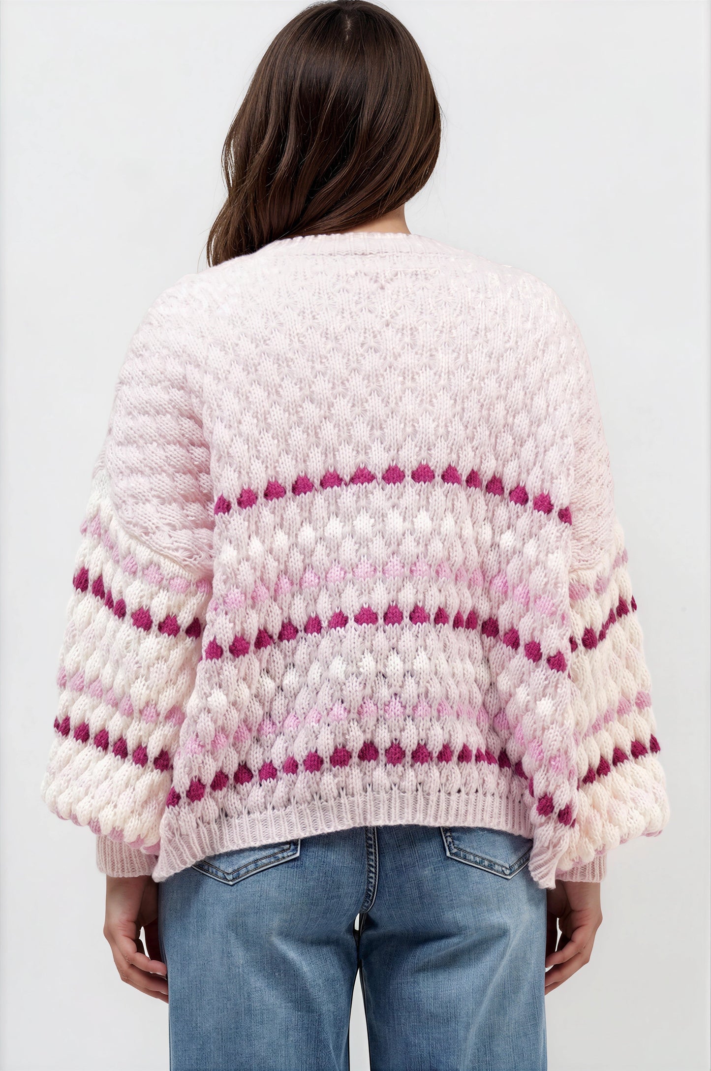 Lyla Cardigan - V Neck Button Front Bubble Knit with Contrast Stripes in Pink