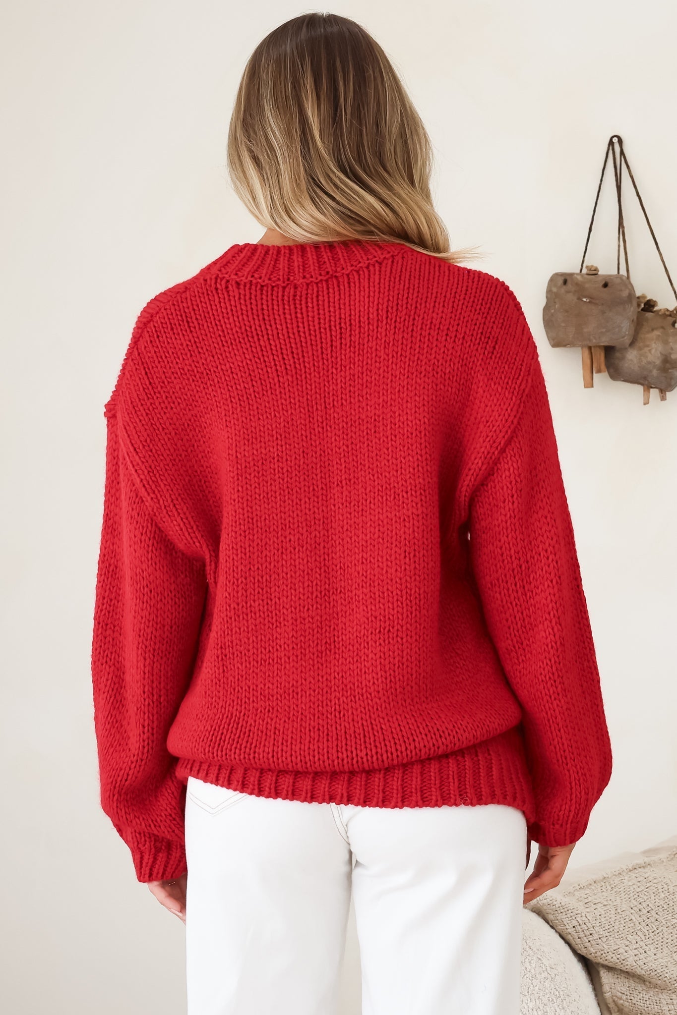 Ma Cherie Jumper - Embroidered Thick Knit with Crew Neck and Long Sleeves in Red