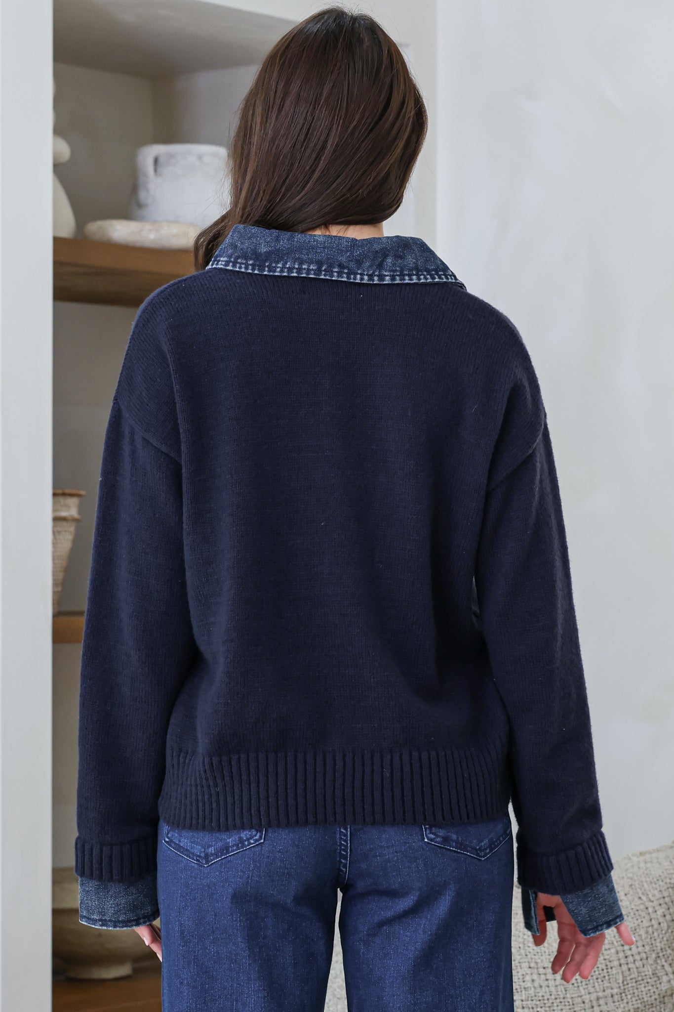 Maddie Jumper - Denim Wing Collar and Cuff Knit Pullover in Navy