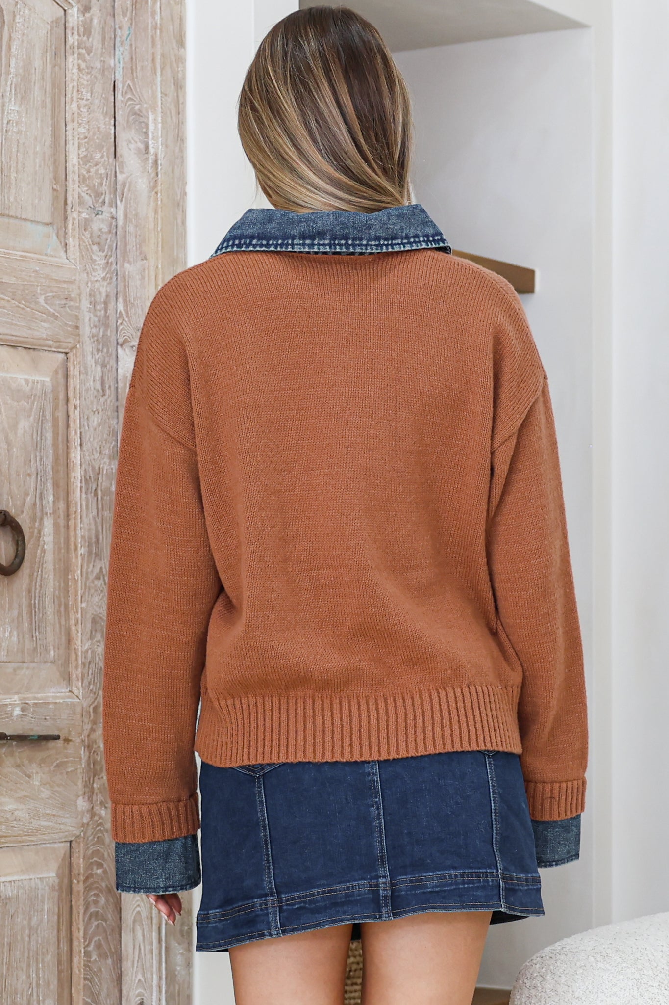 Maddie Jumper - Denim Wing Collar and Cuff Knit Pullover in Tan
