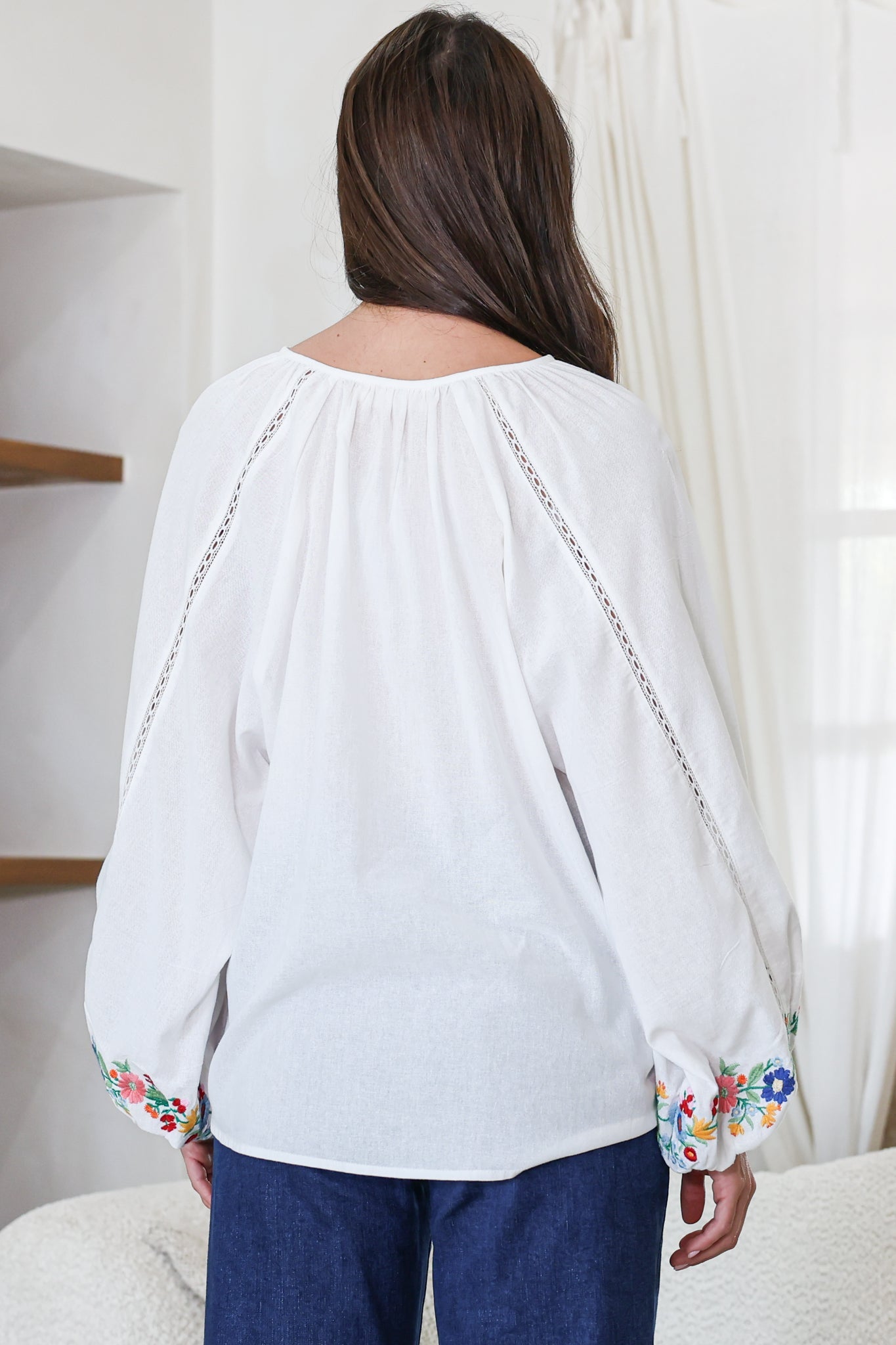 Margerie Top - Floral Embroidered Top with Long Sleeves in White