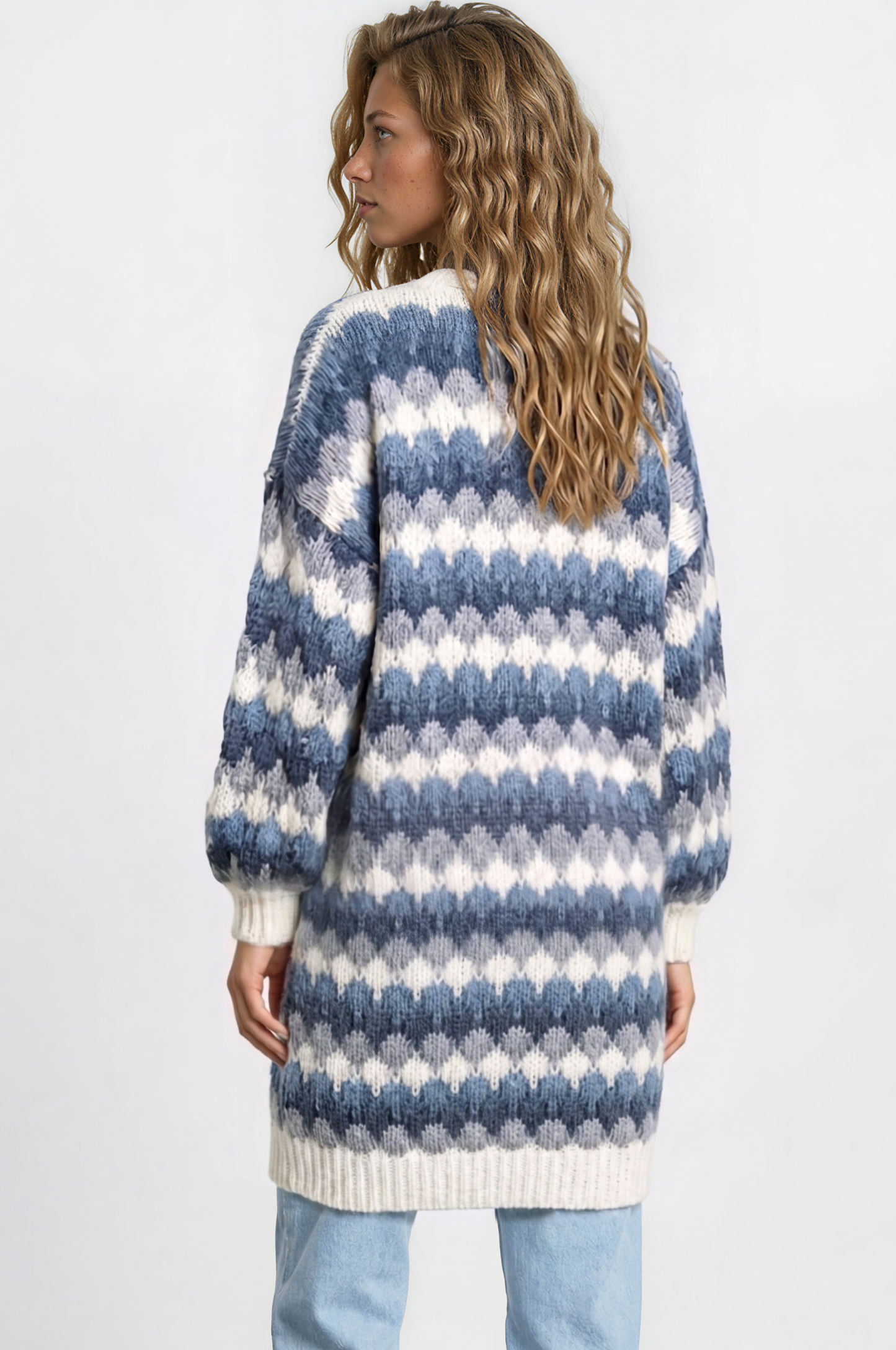 Marlie Cardigan - Open Front Stripe Bubble Knit with Pockets in Blue