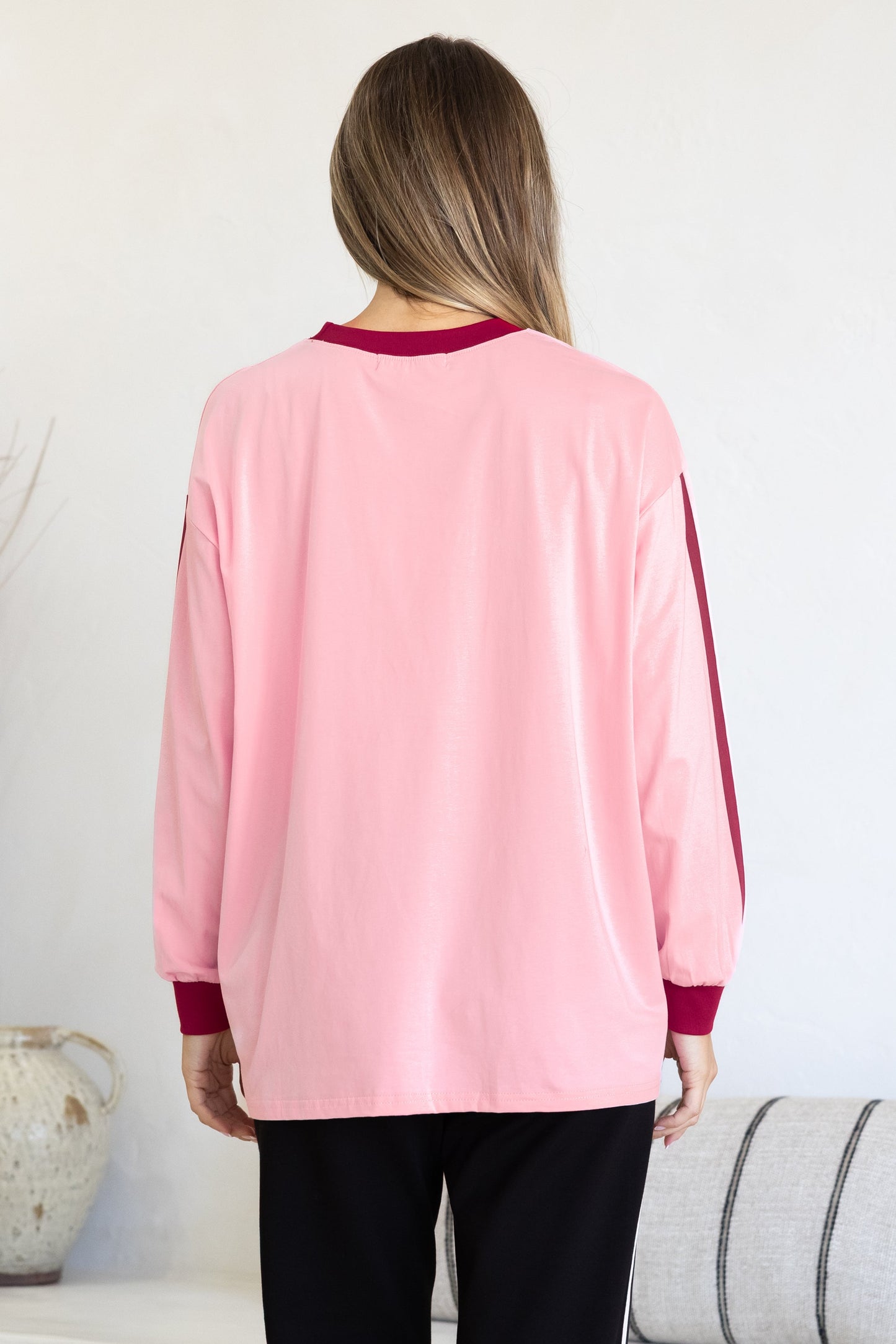 Mermaid Vino Long Sleeve Tee - Crew Neck Contrast Stripe Graphic T-Shirt in Pink