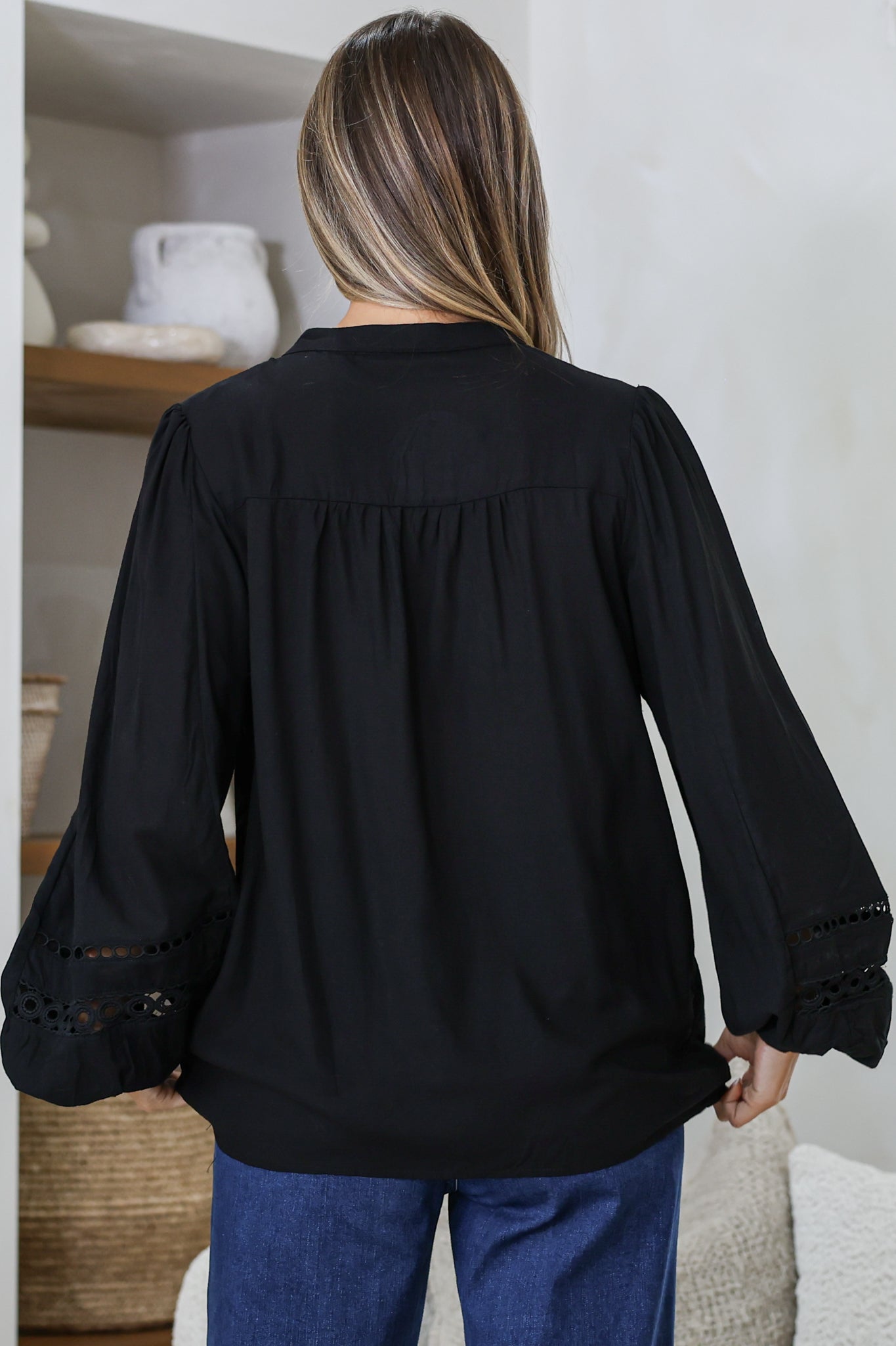 Milano Blouse - Mandarin Collar Button Down with Delicate Lace Cut-Out Detailing in Black