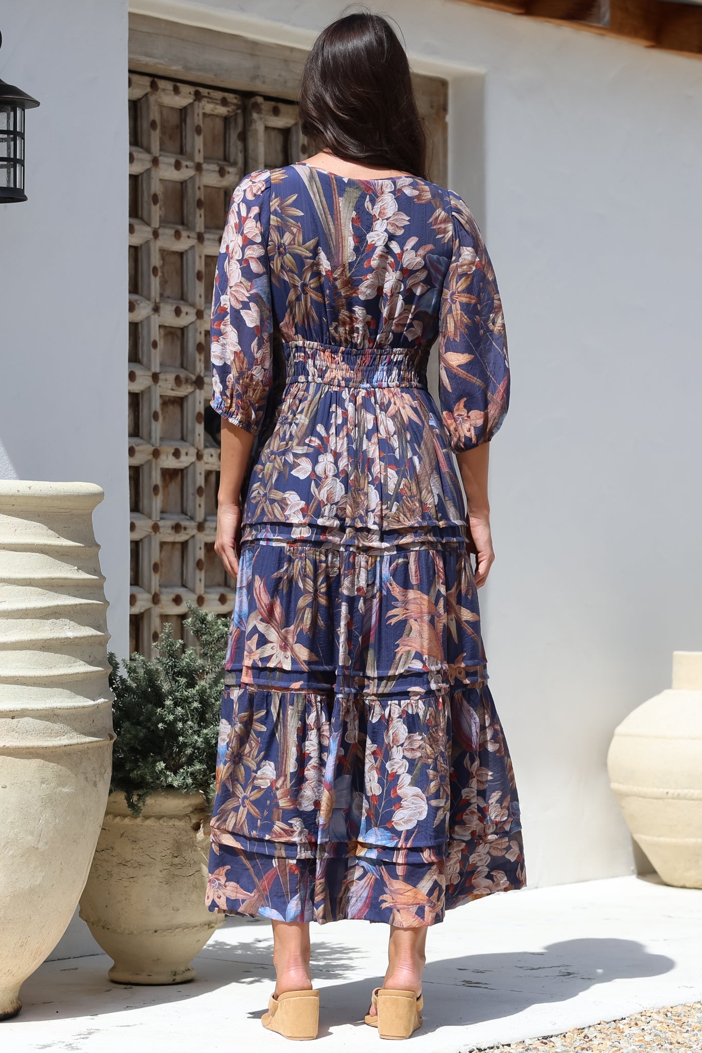 Mondelo Maxi Dress - Pleated Detailed A-Line Dress with 3/4 Balloon Sleeves in Belle Print Navy