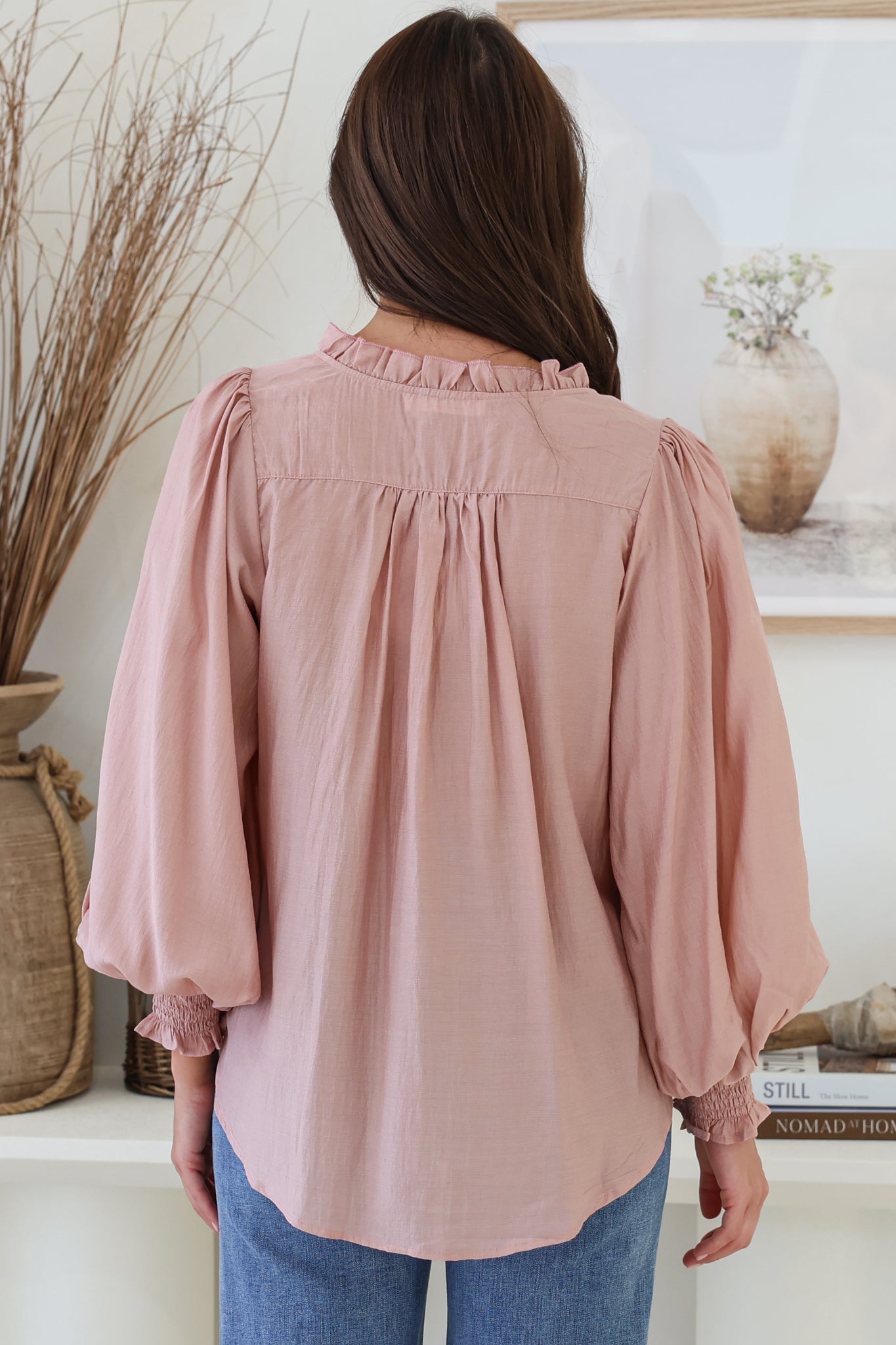 Moree Blouse - Frill Collar Neck Tie Button Down Shirt in Blush