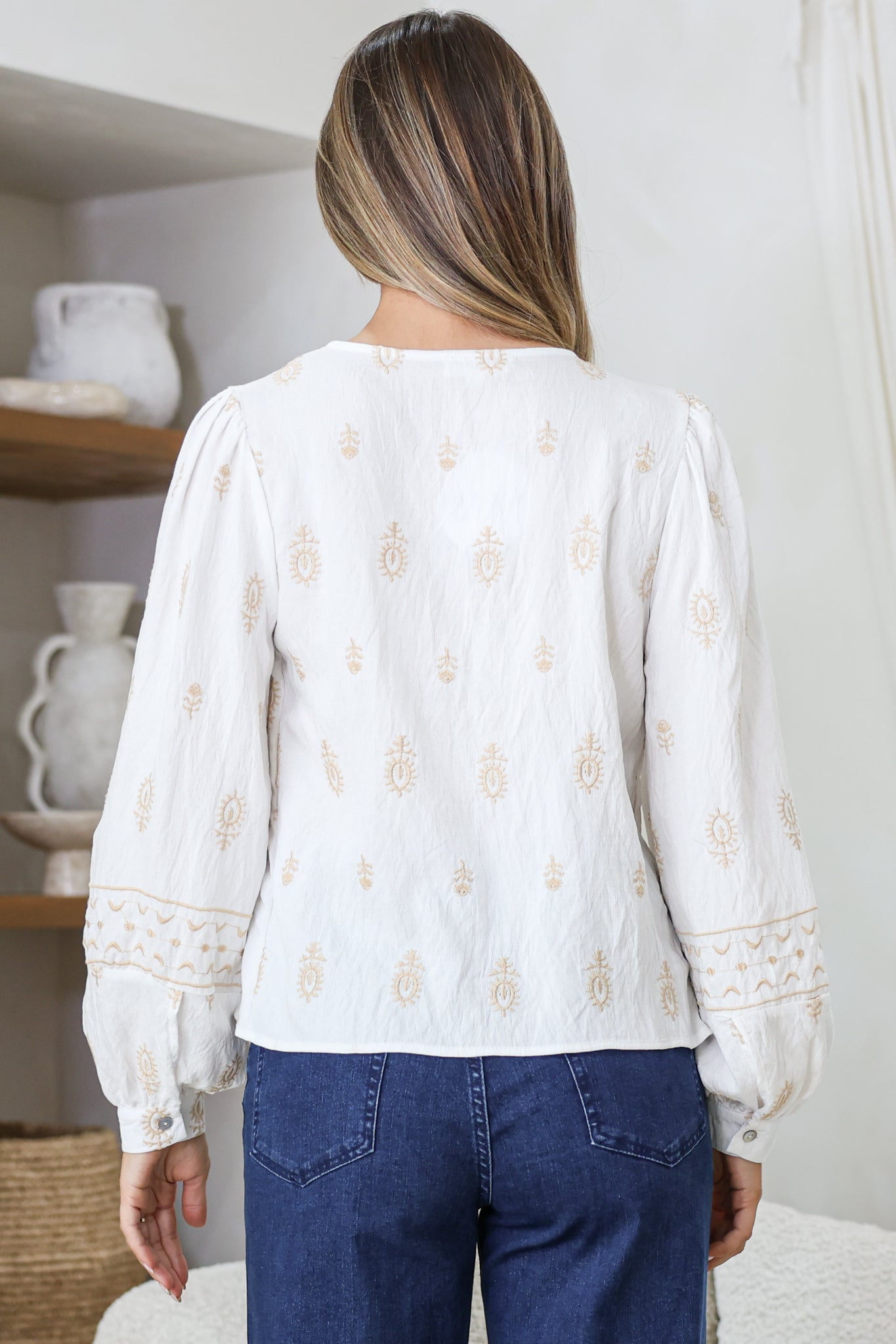 Nouveau Top - V Neck Embroidered Pullover with Long Cuffed Sleeves in White