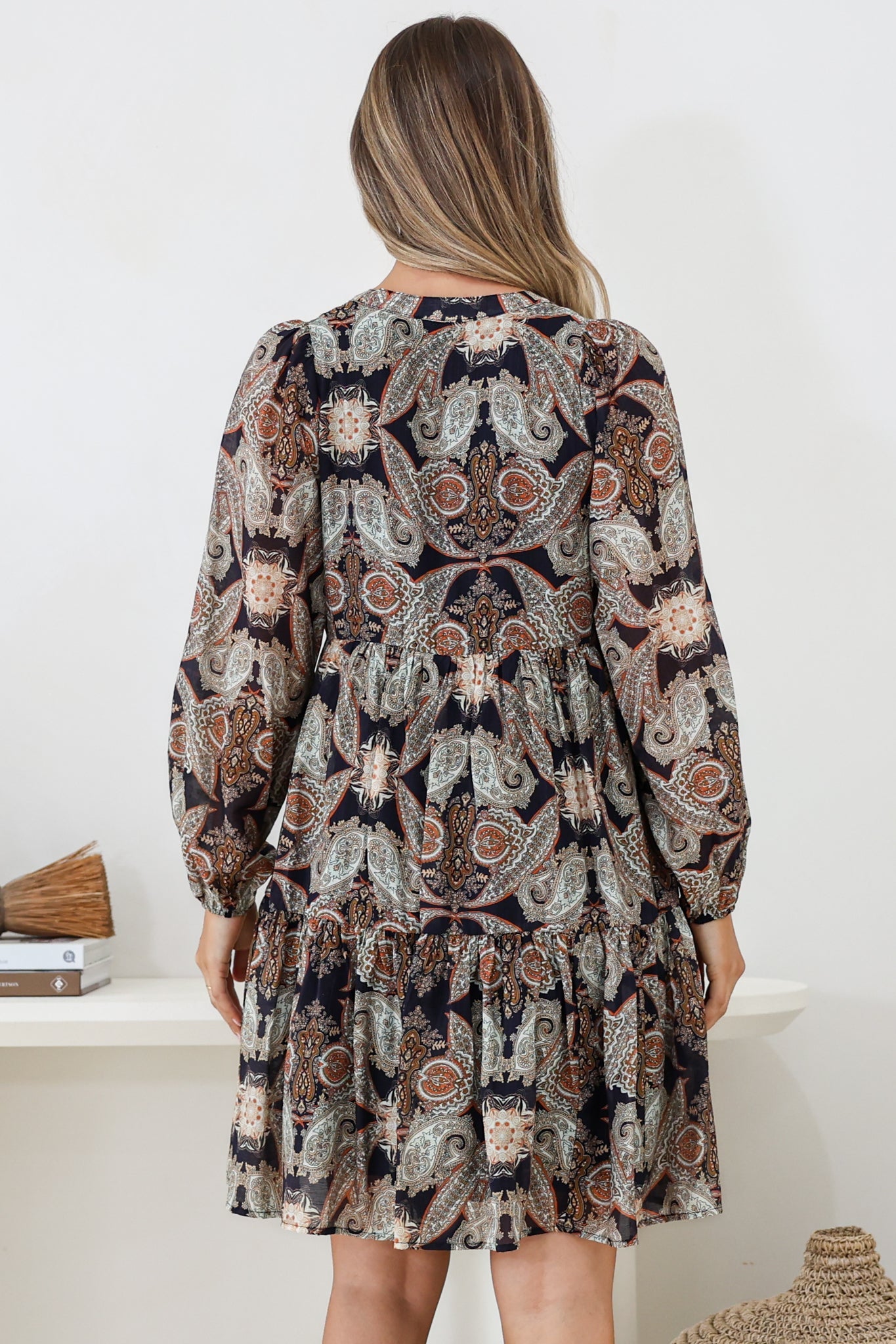 Olivia Mini Dress - Mandarin Collar Tiered Smock Dress with Long Sleeves in Blaise Print Black