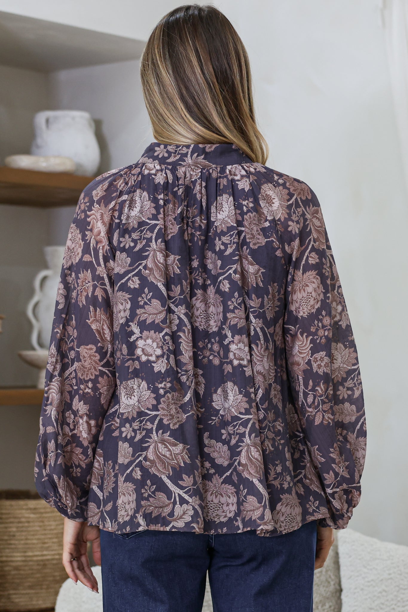 Portia Blouse - Button Down Mandarin Collar Shirt in Tamzin Print Navy