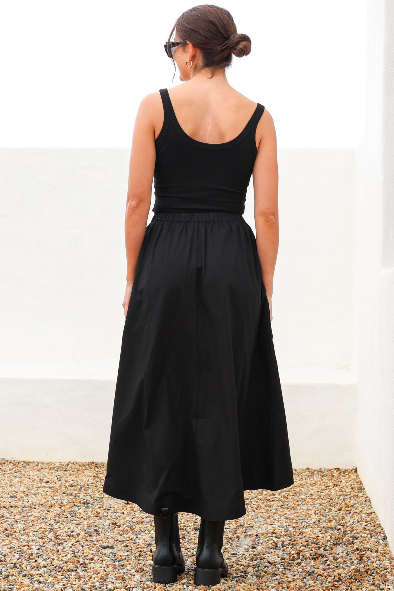 Renny Midi Skirt - High Waisted High-Low Cotton Skirt with Elasticated Waistband in Black
