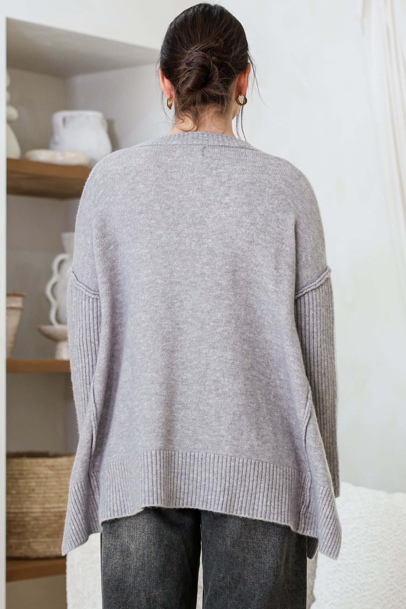 Ridge Jumper - V Neck Relaxed Shark Bite Ribbed Hemline Knit in Grey
