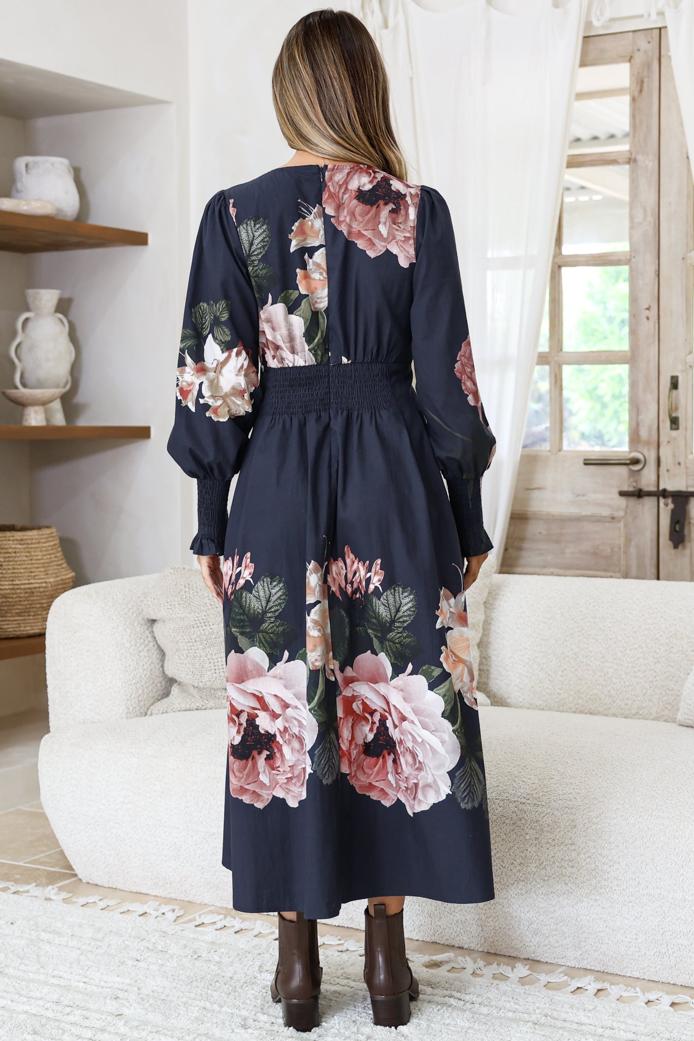 Romaine Midi Dress - V Neck Balloon Sleeve Dress with Shirred Elasticated Cuffs in Mika Print Navy