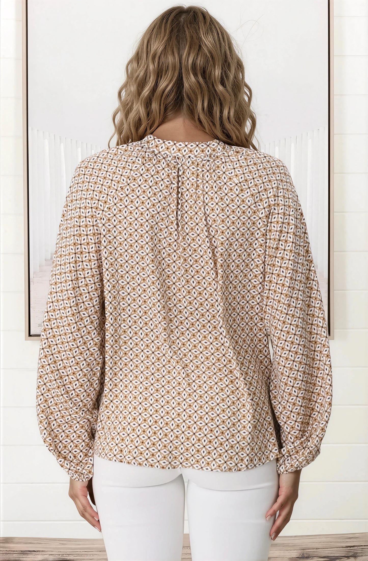 Sallie Blouse - V-Neckline Button Down Top in Retro Print