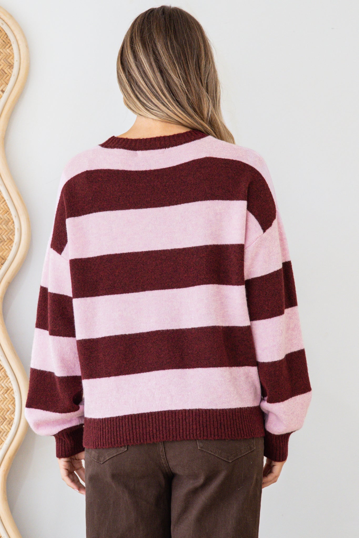 Sumner Jumper - Crew Neck Stripe Knit with Ribbed Hemlines in Wine/Pink