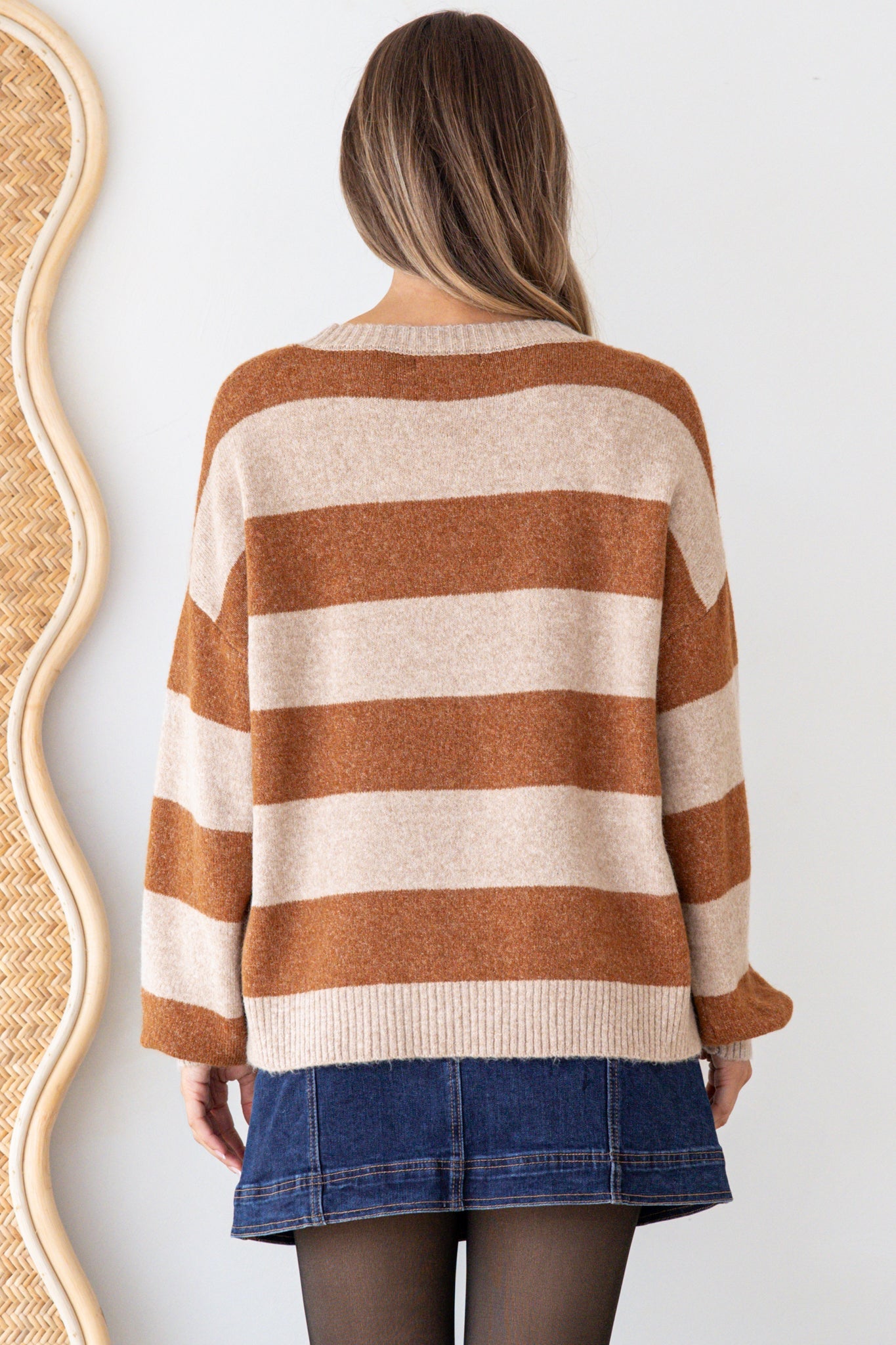 Sumner Jumper - Crew Neck Stripe Knit with Ribbed Hemlines in Mocha/Oatmeal