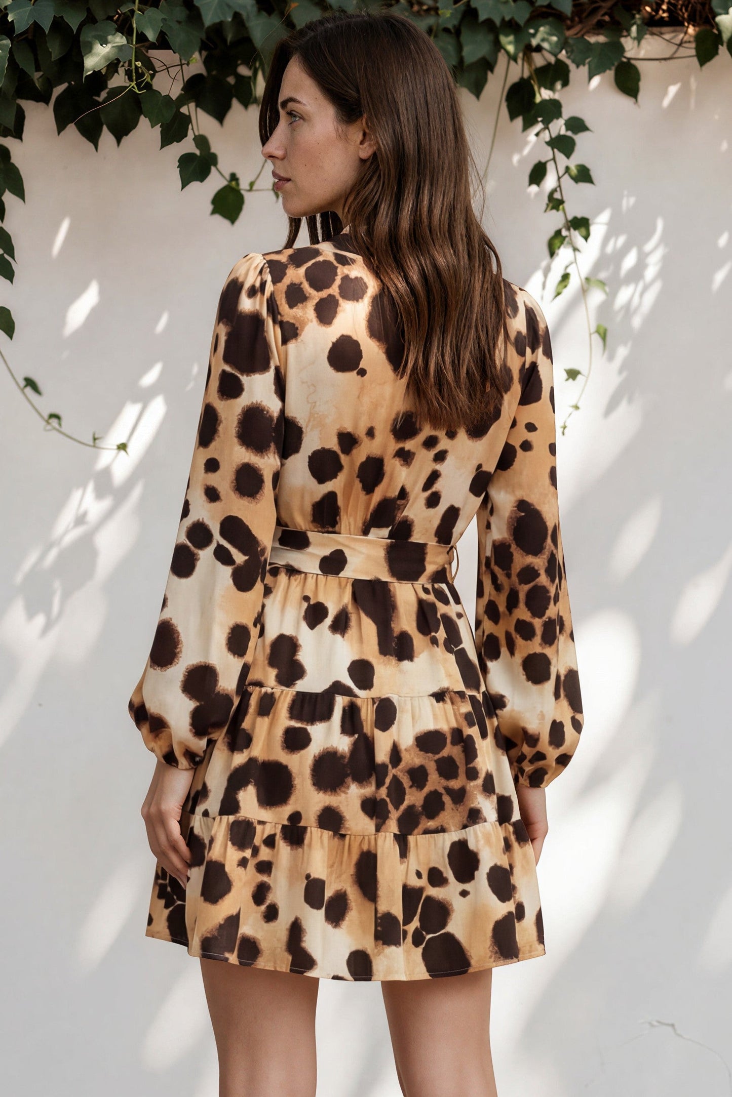 Sybil Mini Dress - Wrap A Line Dress with Long Balloon Sleeves in Leopard Print