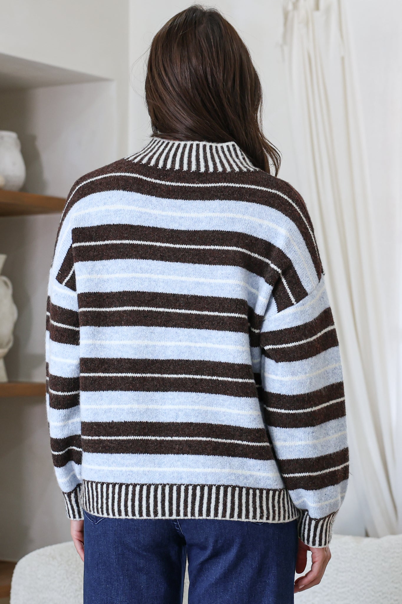 Sylvan Jumper - Mock Neck Striped Ribbed Hem Knit in Blue/Chocolate