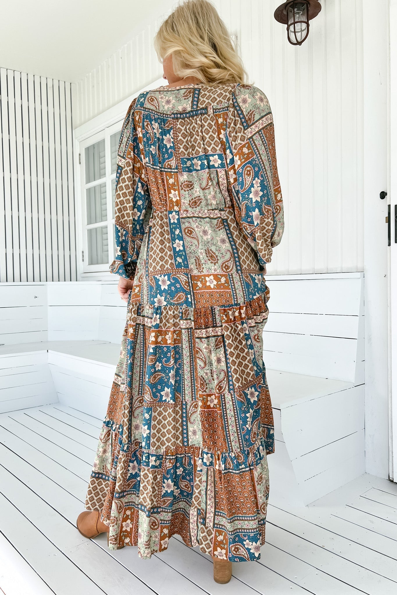 JAASE - Teresa Maxi Dress: A Line Dress with Long Balloon Sleeves in Izabelle Print