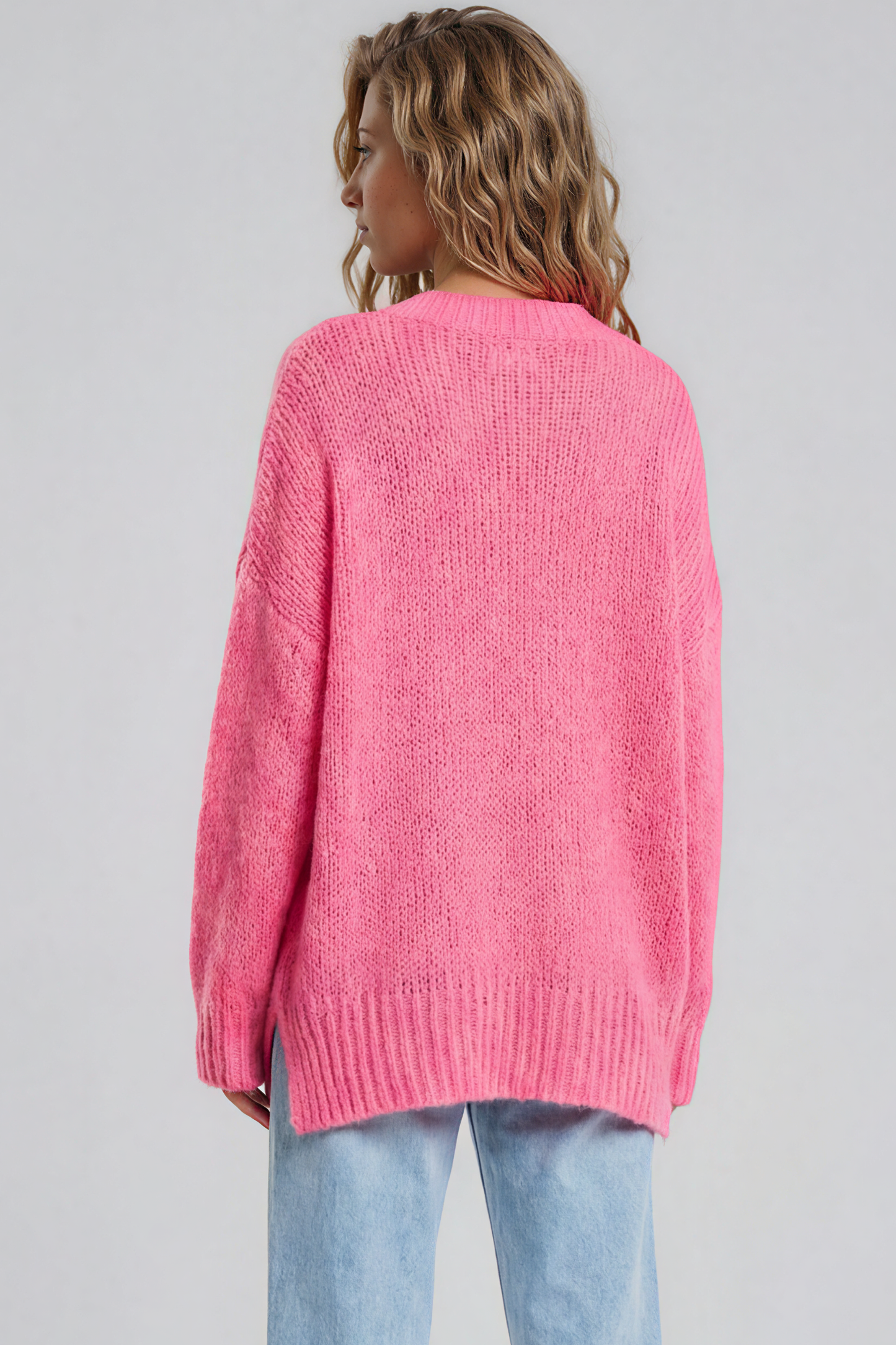 Thorne Jumper - V-Neck Ribbed Side Split Hemline Knit in Hot Pink