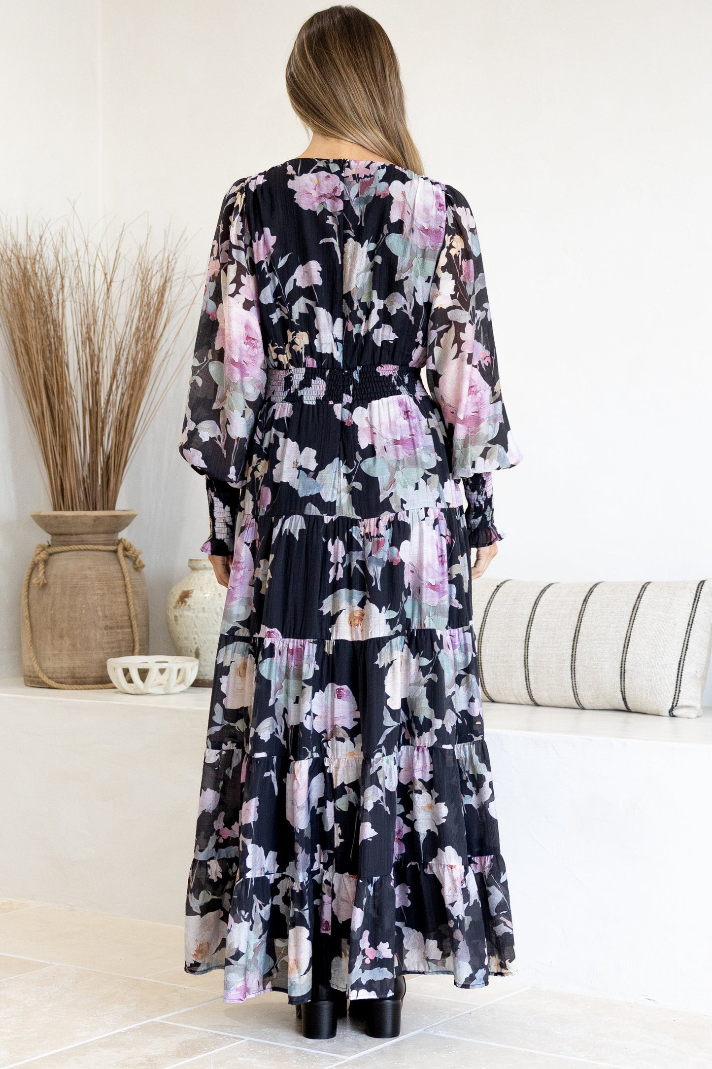 Trina Maxi Dress - Deep V Neck Tiered A-Line Dress with Balloon Sleeves in Bronson Print