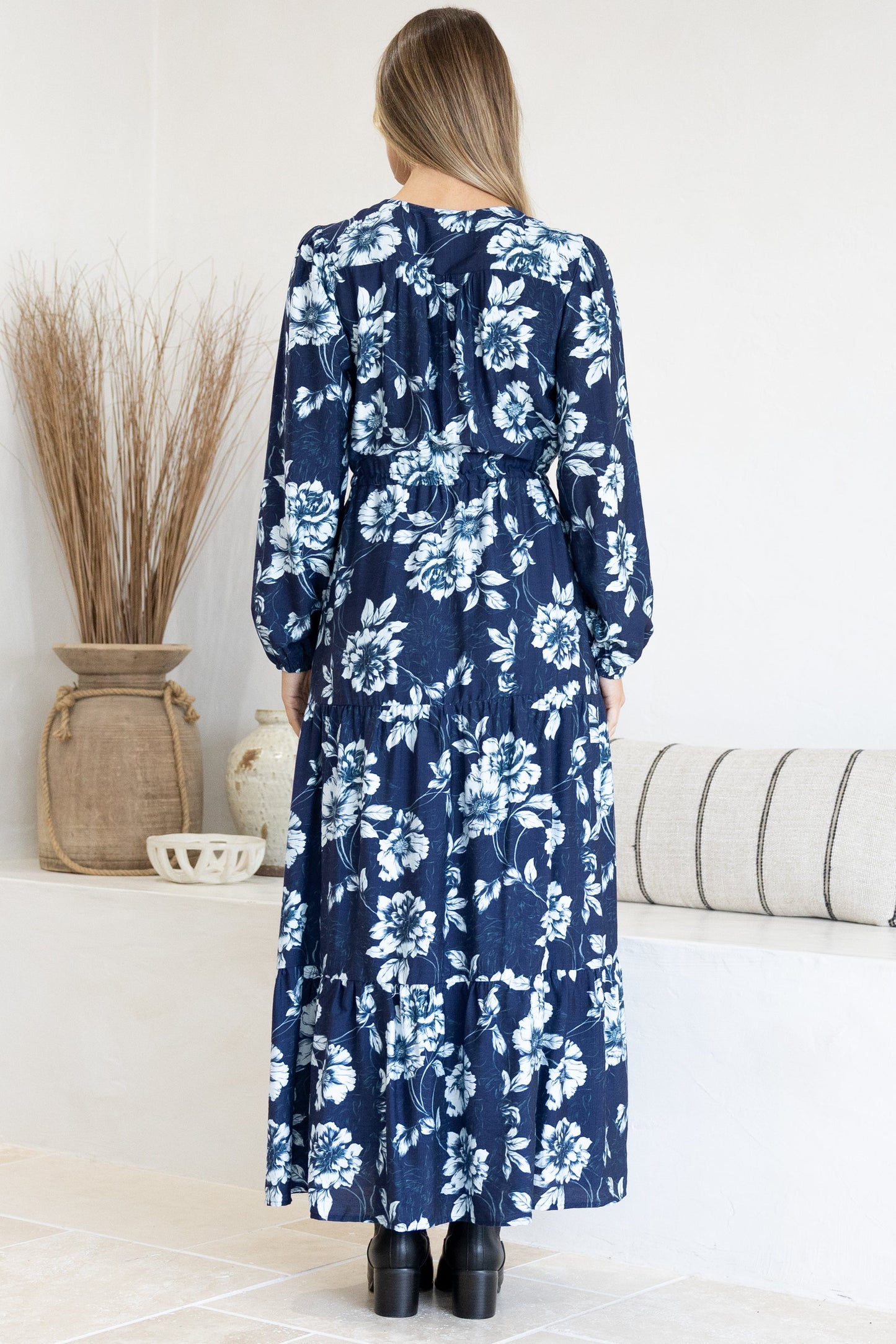 Villia Maxi Dress - V Neck Tiered Dress with Pull Tie Waist and Long Balloon Sleeves in Minka Print Navy