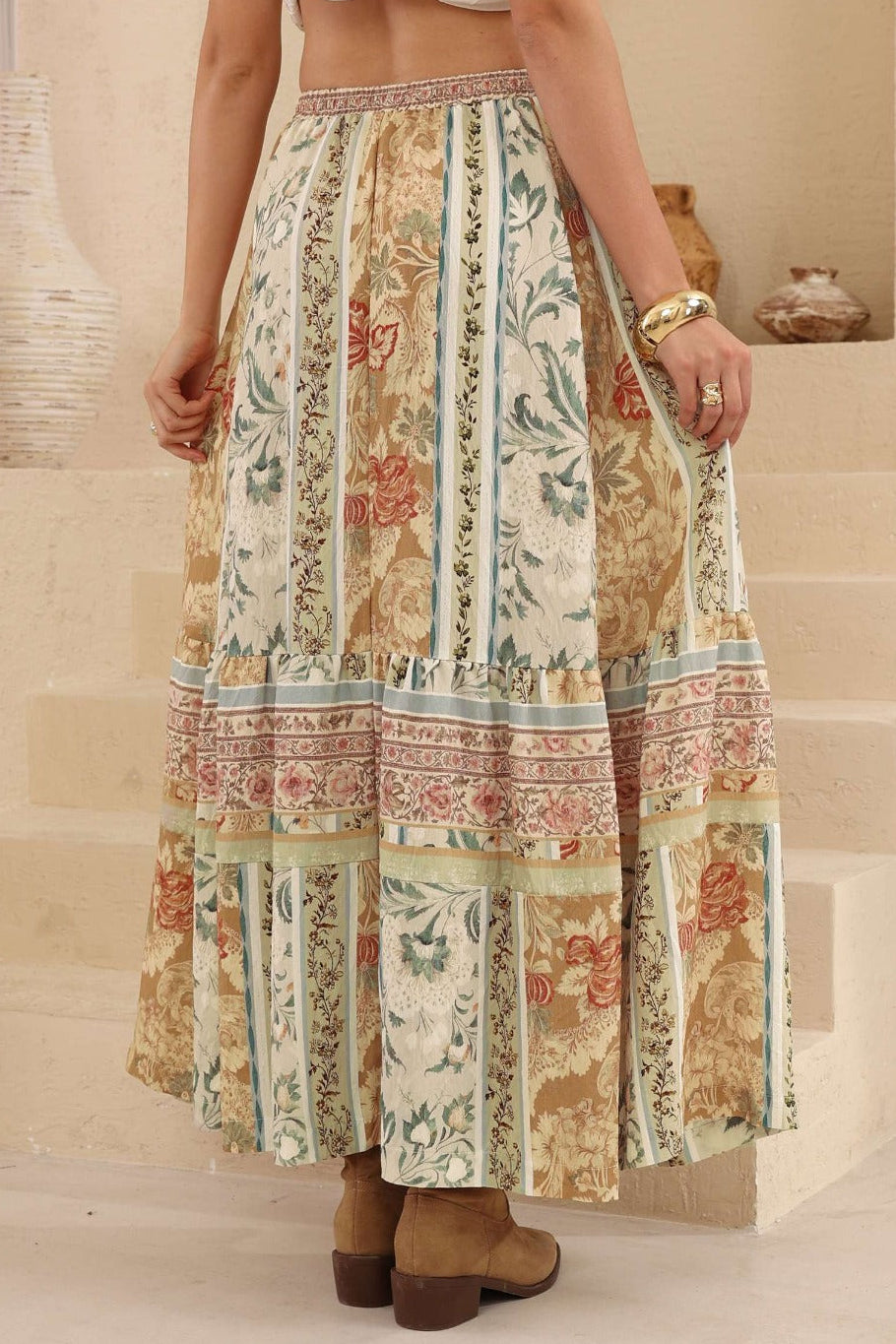 Zia Maxi Skirt - High Waisted Skirt with Tassel Waist Tie and Front Splits in Lyla Print