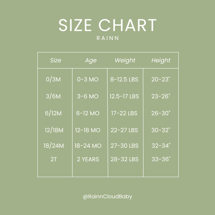 Size chart for Bamboo Pull Up Romper by Rainn, detailing age, weight, and height for 0/3M to 2T. Perfect sizing for comfort.
