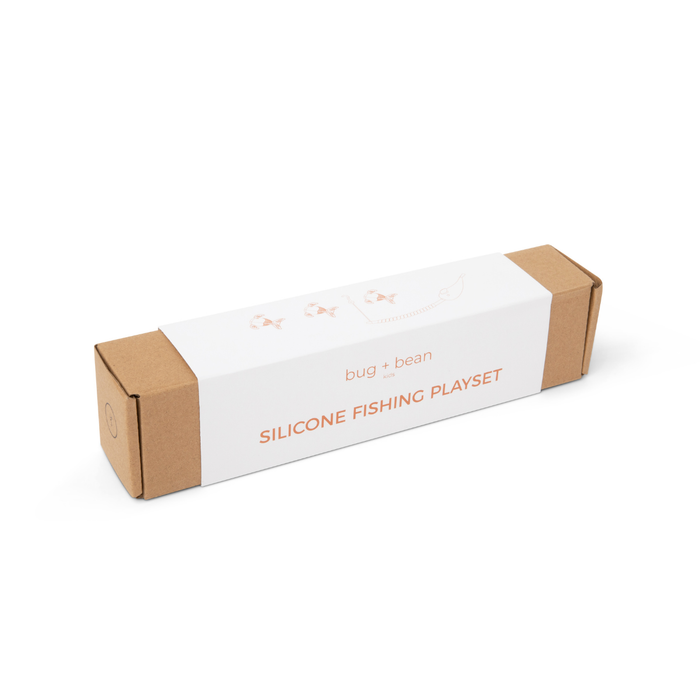 Packaging of Bug + Bean Kids Silicone Fishing Playset in eco-friendly design.