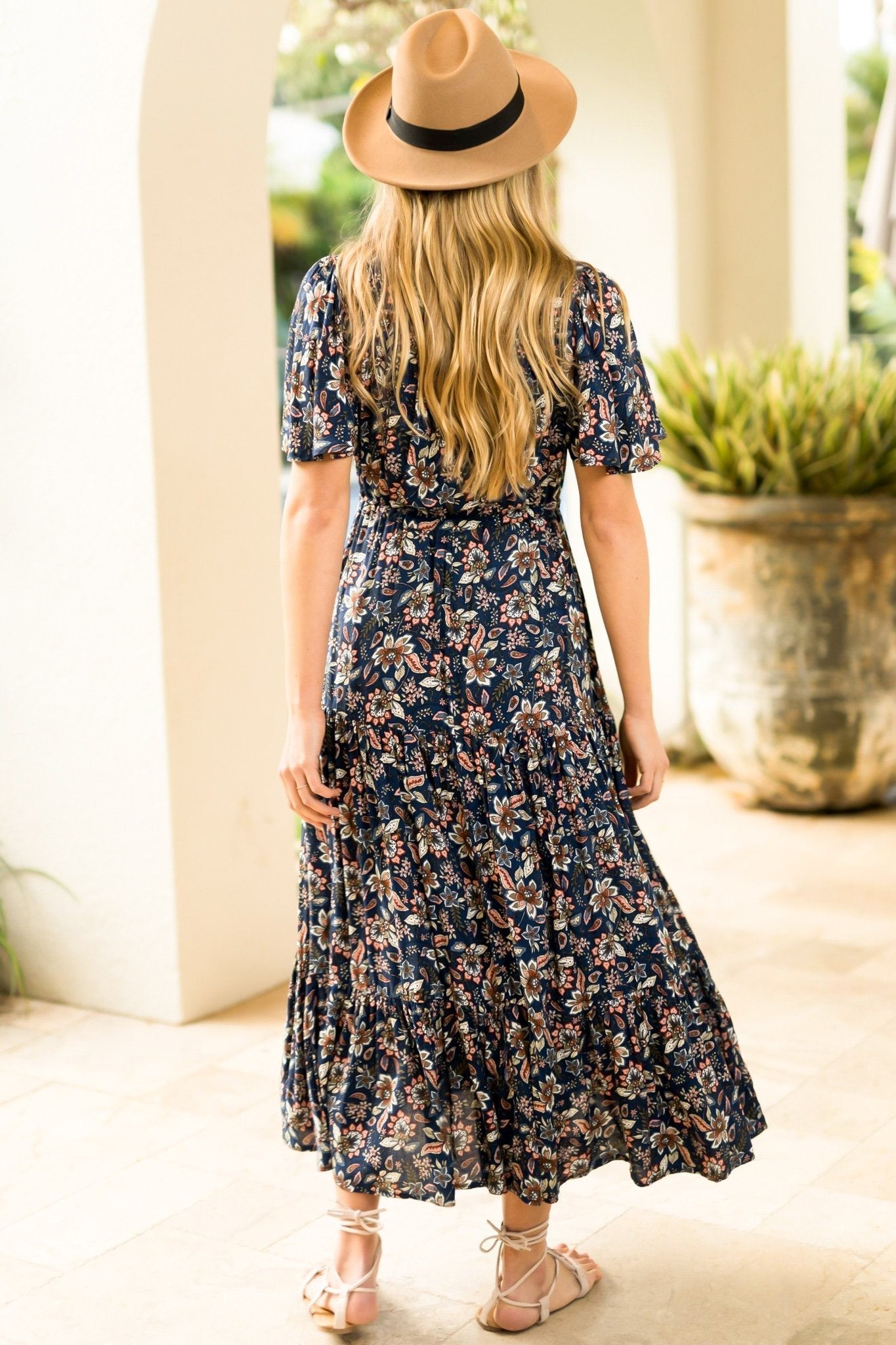 Adhira Maxi Dress - Buttoned Bodice A Line Dress With Flute Sleeves In Marla Print Navy