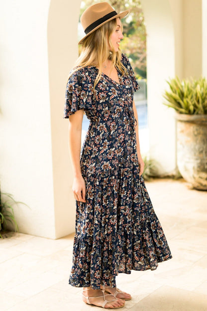 Adhira Maxi Dress - Buttoned Bodice A Line Dress With Flute Sleeves In Marla Print Navy
