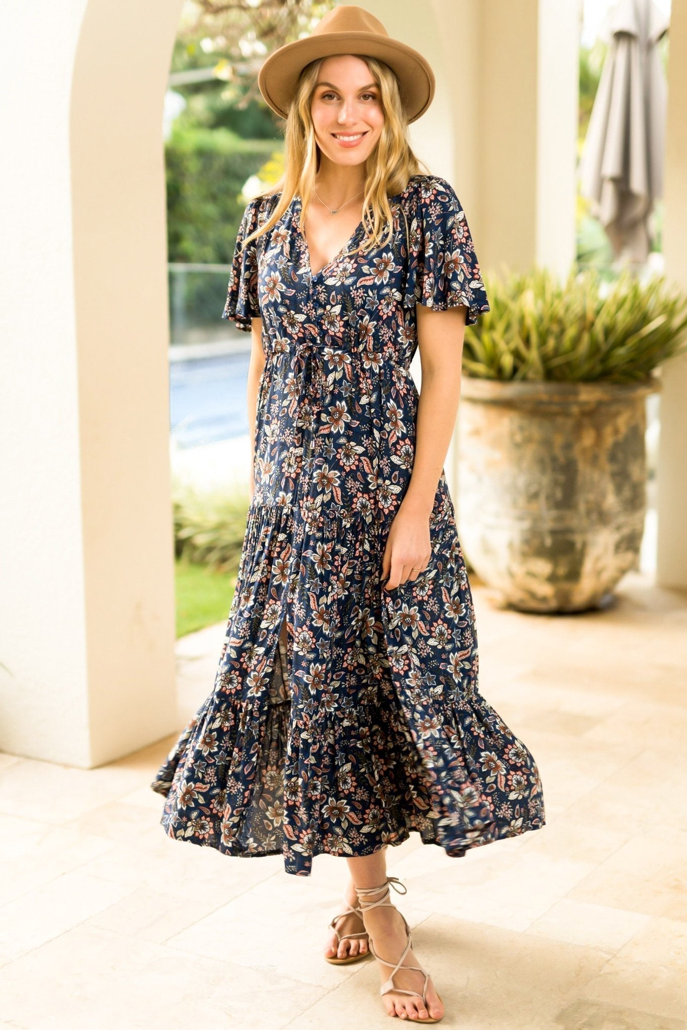 Adhira Maxi Dress - Buttoned Bodice A Line Dress With Flute Sleeves In Marla Print Navy
