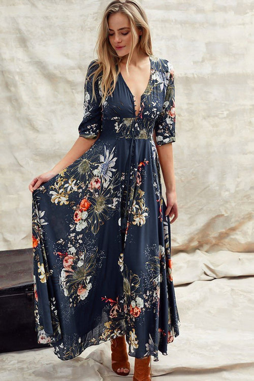 JAASE - Indiana Maxi Dress: Lace Back Shirred Waist A Line Dress with Handkerchief Hemline in Indigo Print
