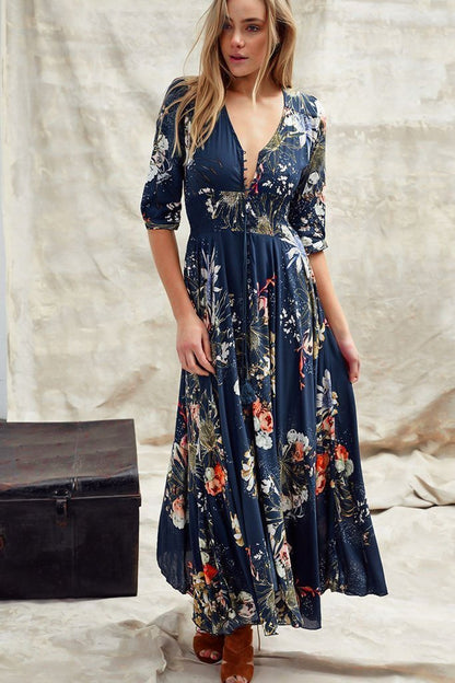 JAASE - Indiana Maxi Dress: Lace Back Shirred Waist A Line Dress with Handkerchief Hemline in Indigo Print