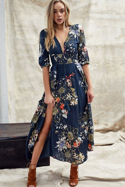 JAASE - Indiana Maxi Dress: Lace Back Shirred Waist A Line Dress with Handkerchief Hemline in Indigo Print