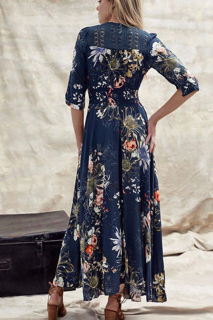 JAASE - Indiana Maxi Dress: Lace Back Shirred Waist A Line Dress with Handkerchief Hemline in Indigo Print