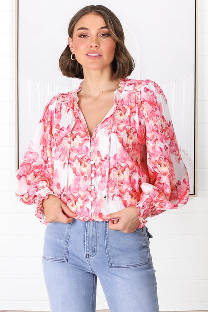 Moree Blouse - Frill Collar Neck Tie Button Down Shirt in Franc Print Pink