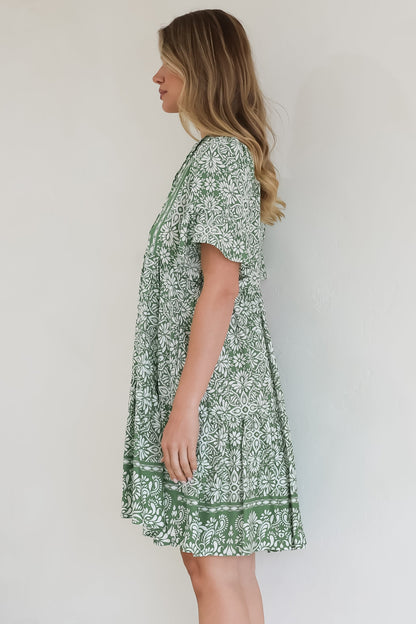 Abilia Mini Dress - Mandarin Collar Smock Dress in Harley Print Green