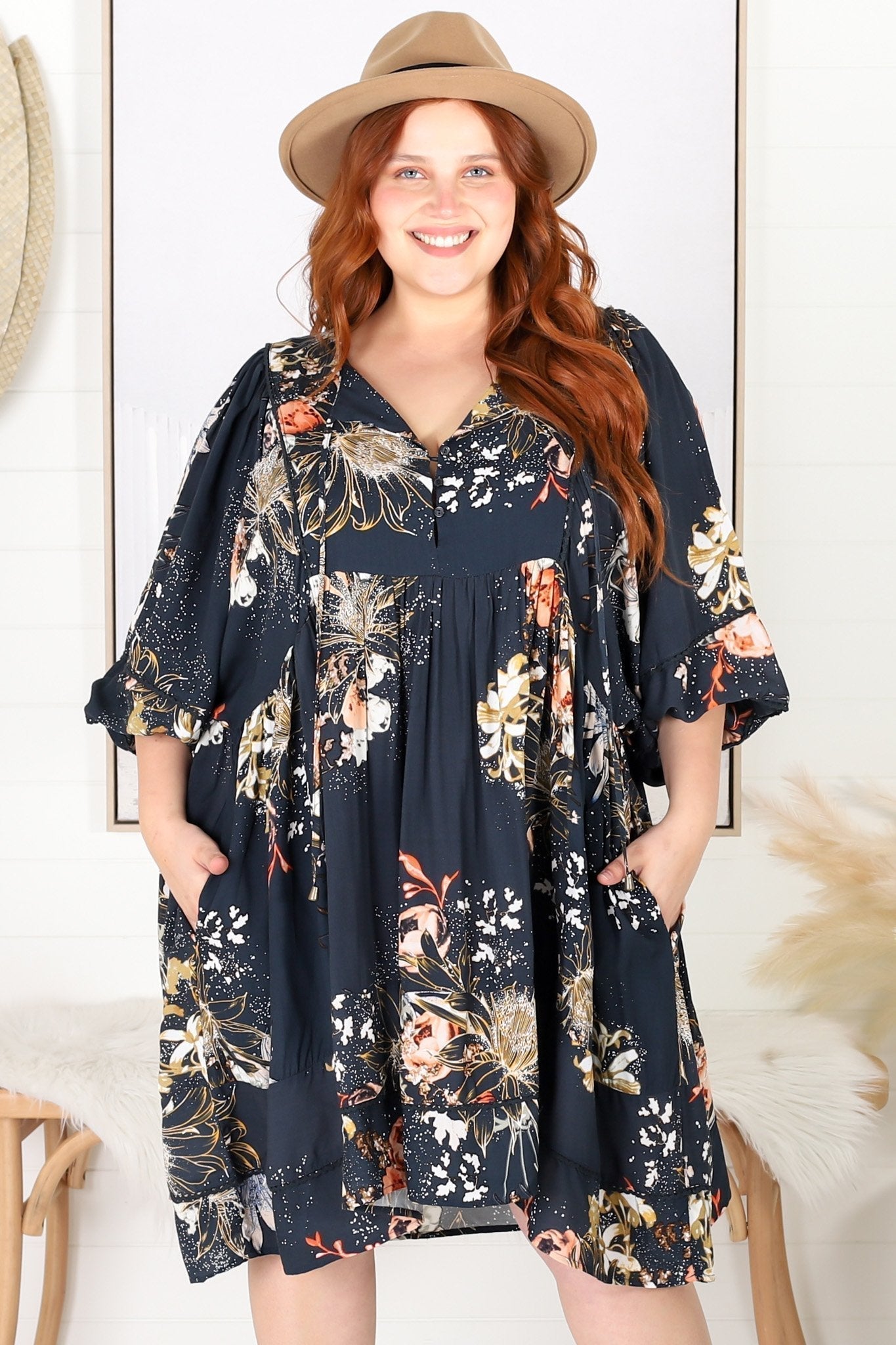JAASE - Adela Mini Dress: Oversized Smock Dress with Batwing Sleeves in Indigo Print