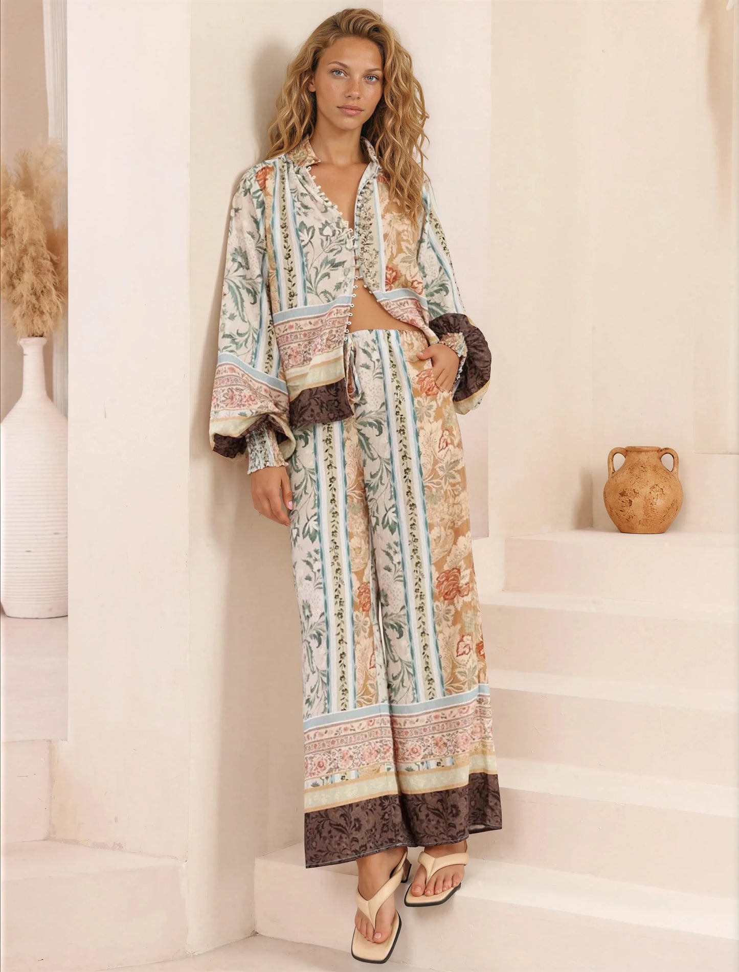 Adelaide Pants - Drawstring High Waisted Wide Leg Pant in Lyla Print