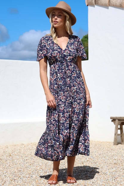 Adhira Maxi Dress - Buttoned Bodice A Line Dress With Flute Sleeves In Marla Print Navy