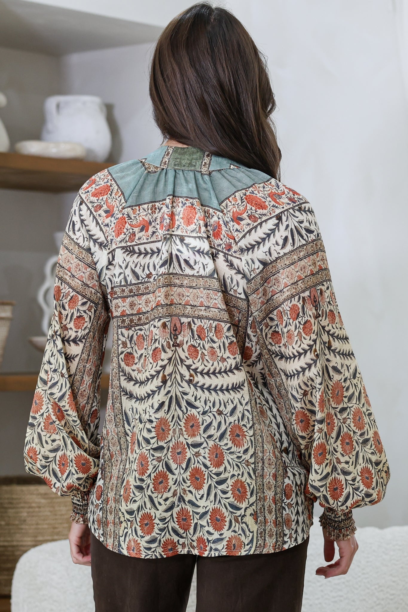 Adora Top - Mandarin Collar Button-Down with Long Balloon Sleeves in Carmine Print