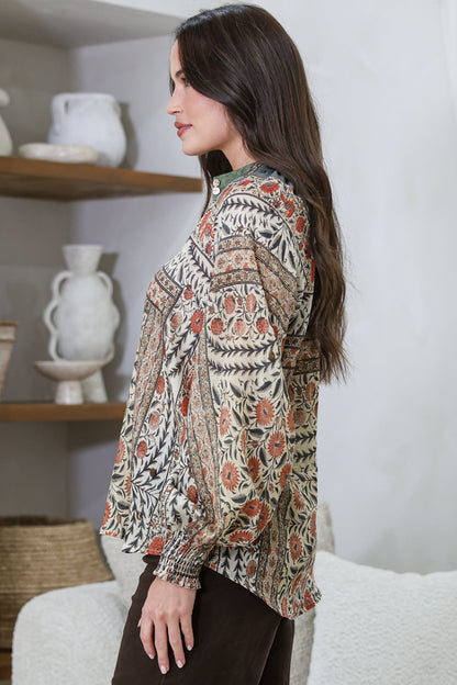 Adora Top - Mandarin Collar Button-Down with Long Balloon Sleeves in Carmine Print