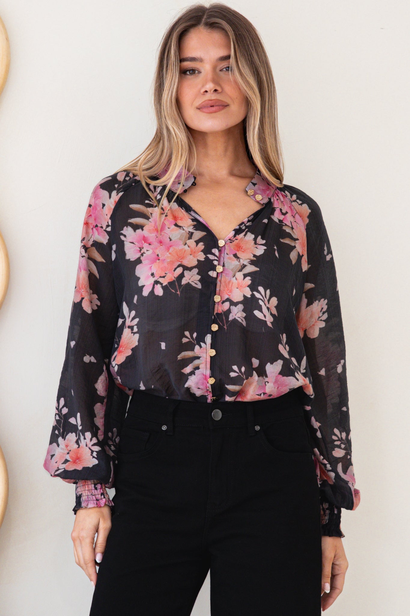Adora Top - Mandarin Collar Button-Down with Long Balloon Sleeves in Odessa Print
