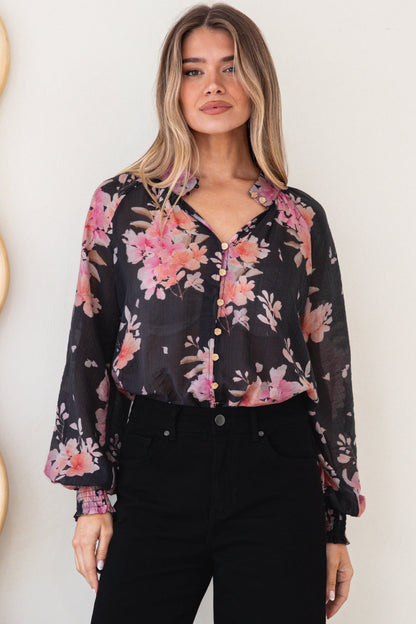 Adora Top - Mandarin Collar Button-Down with Long Balloon Sleeves in Odessa Print