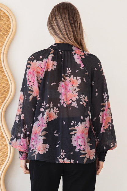 Adora Top - Mandarin Collar Button-Down with Long Balloon Sleeves in Odessa Print
