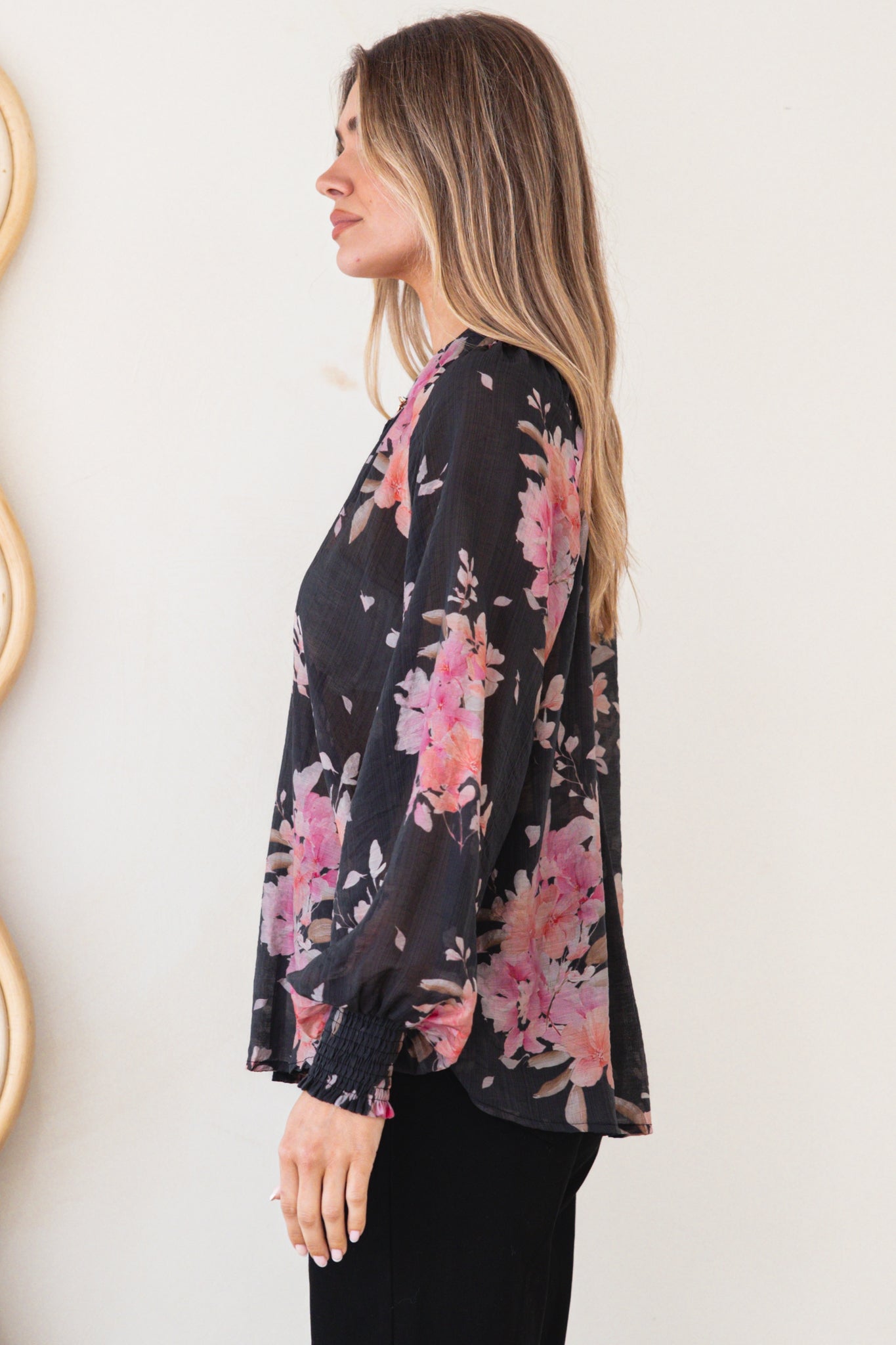 Adora Top - Mandarin Collar Button-Down with Long Balloon Sleeves in Odessa Print