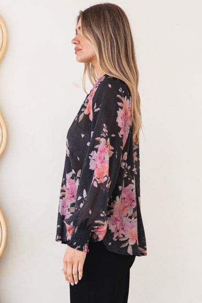 Adora Top - Mandarin Collar Button-Down with Long Balloon Sleeves in Odessa Print