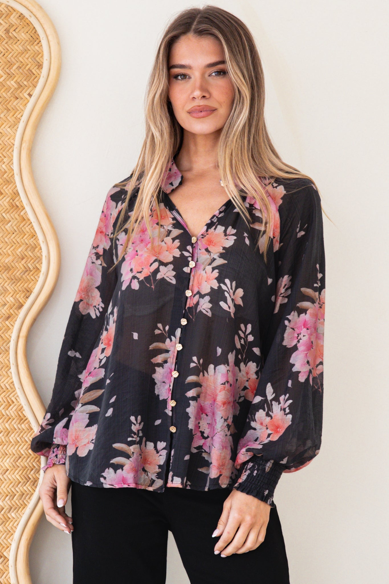 Adora Top - Mandarin Collar Button-Down with Long Balloon Sleeves in Odessa Print