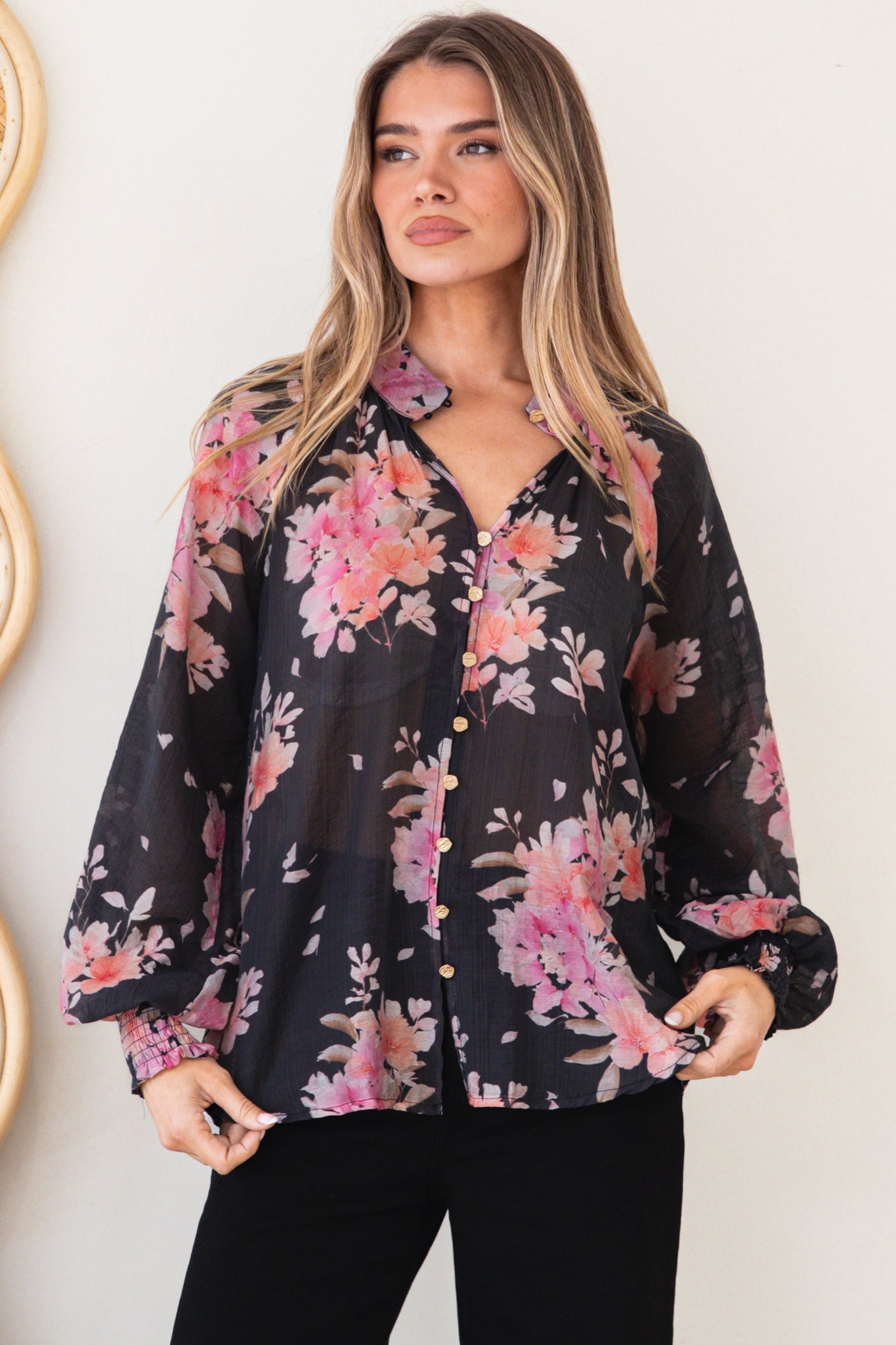 Adora Top - Mandarin Collar Button-Down with Long Balloon Sleeves in Odessa Print