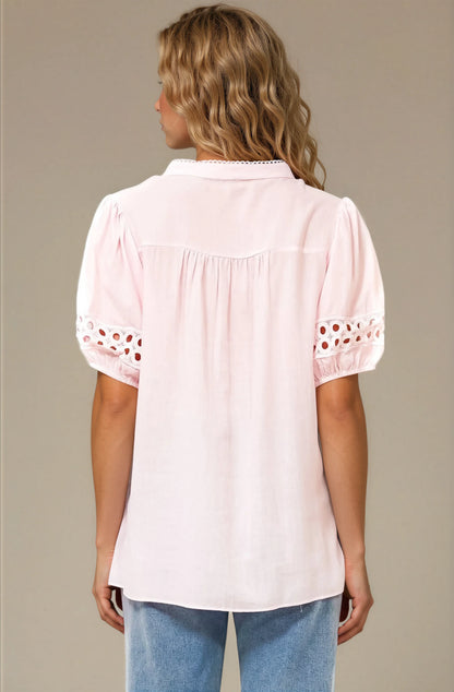 Alenna Shirt - Mandarin Collar Cut Out Detailed Short Sleeve Button Down in Pink